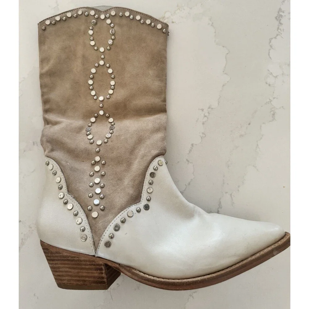 Free People Jaxon Studded Western Cowboy Boots Cream Excellent 38.5 8